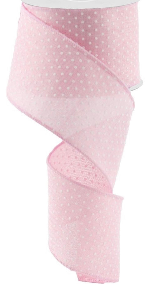 10 Yards - 2.5” Wired Pink and White Swiss Dot Ribbon