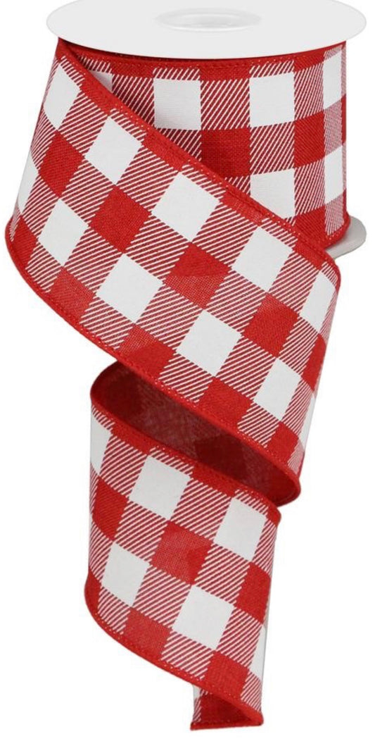 10 Yards - 2.5” Wired Red and White Check Ribbon