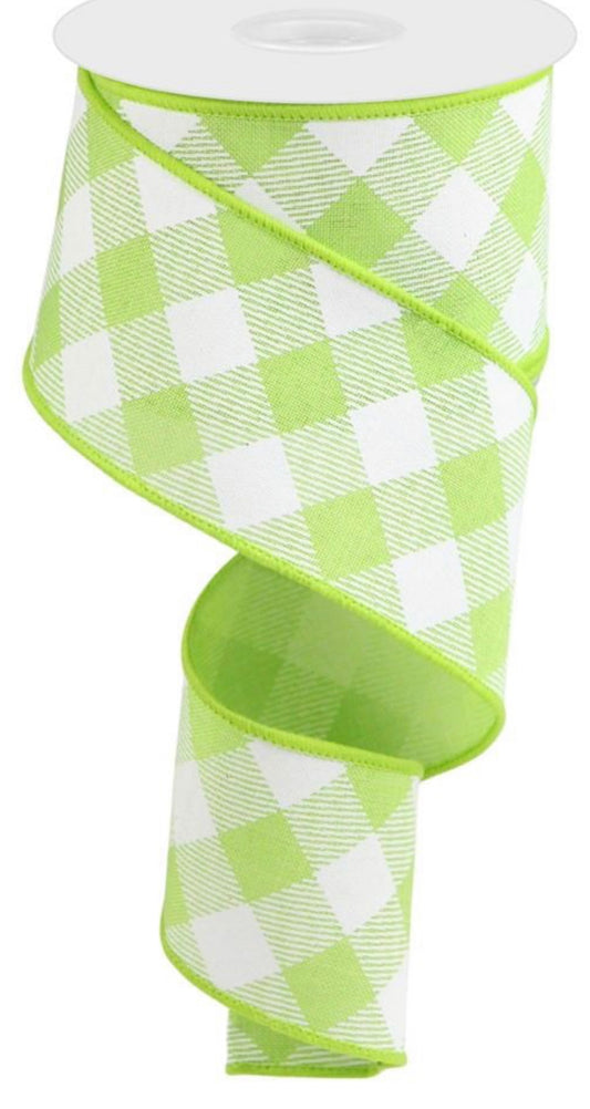 10 Yards - 2.5” Wired Lime Green and White Cross Check Ribbon