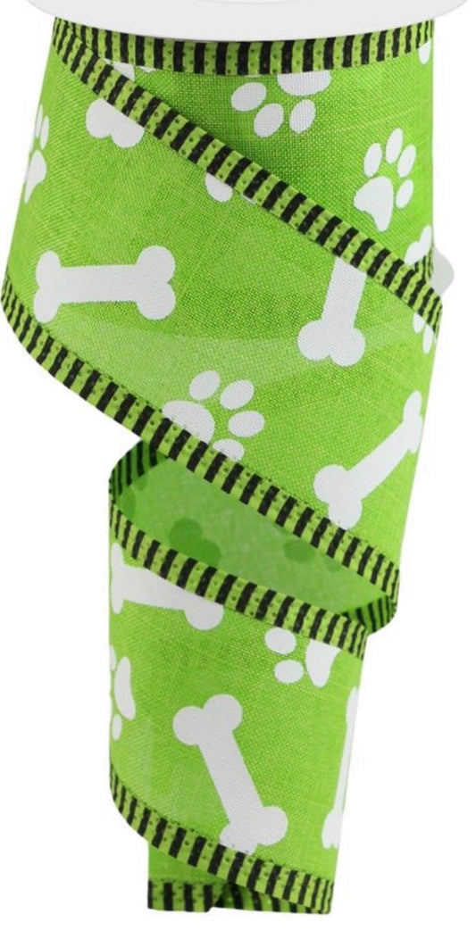 10 Yards - 2.5” Wired Lime Green Dog Ribbon with Black Stripe Edge