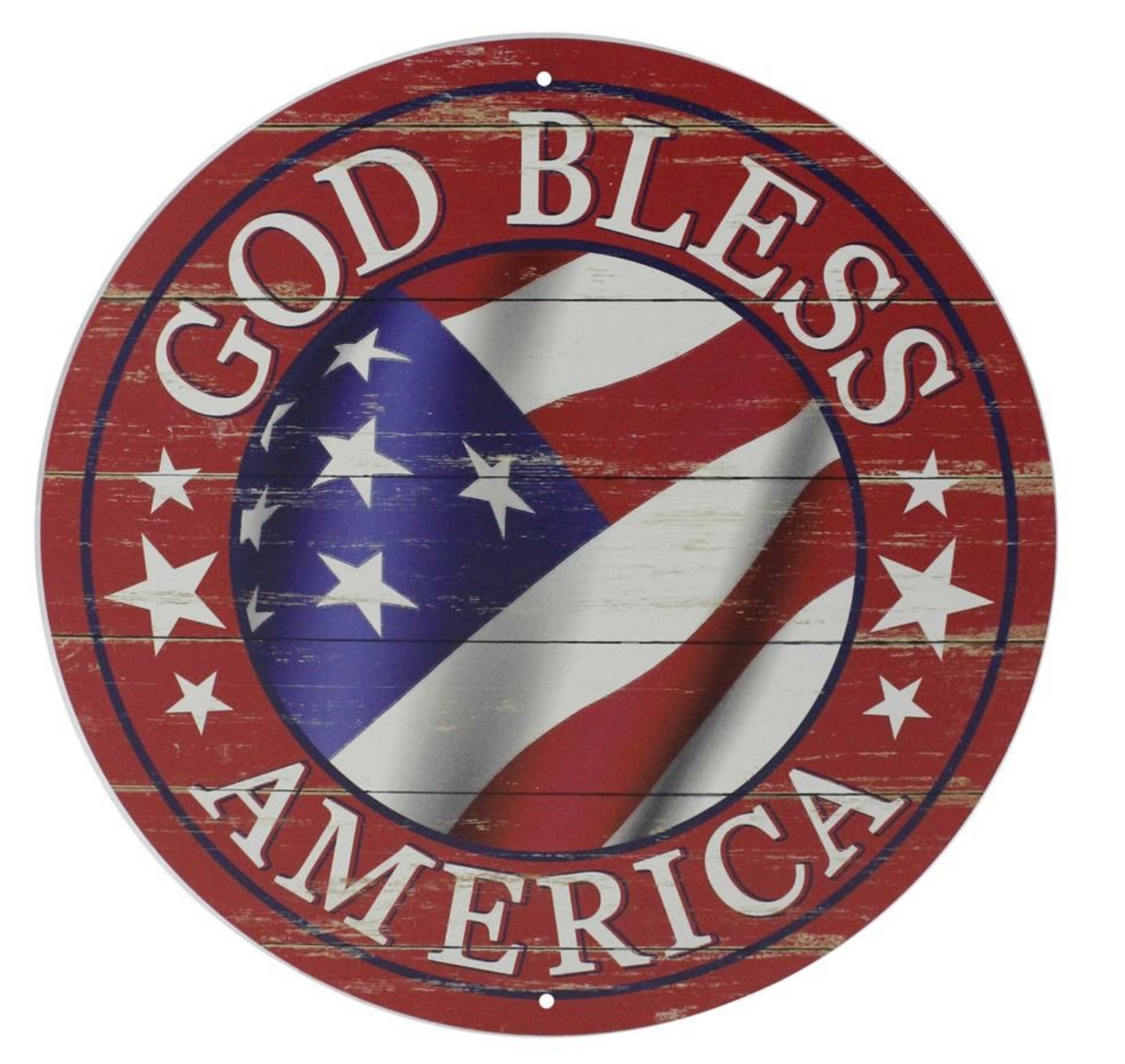 12” Round Metal God Bless America Wreath Sign on Red Background