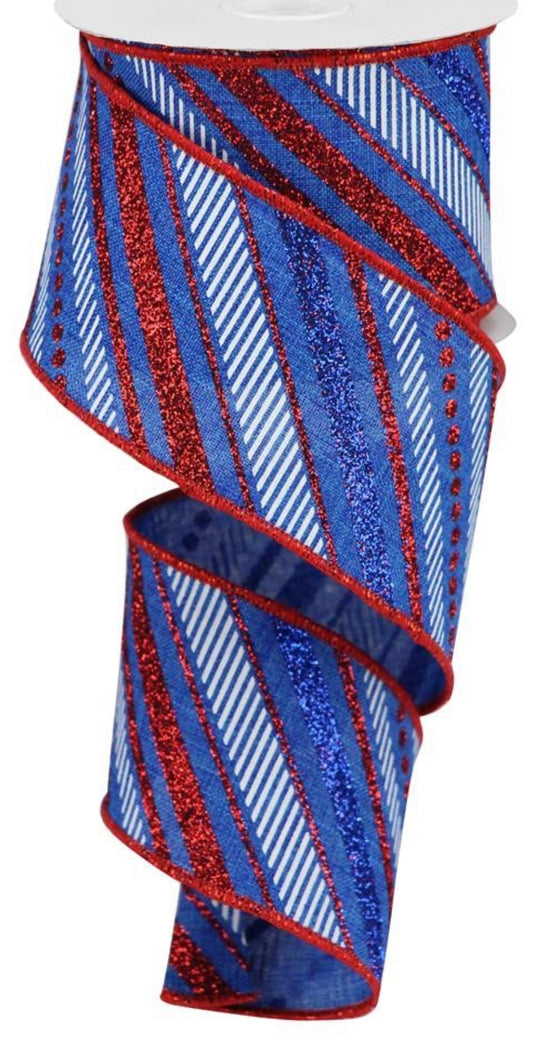 10 Years - 2.5” Wired Blue Patriotic Candy Stripe Ribbon with Glitter Accent