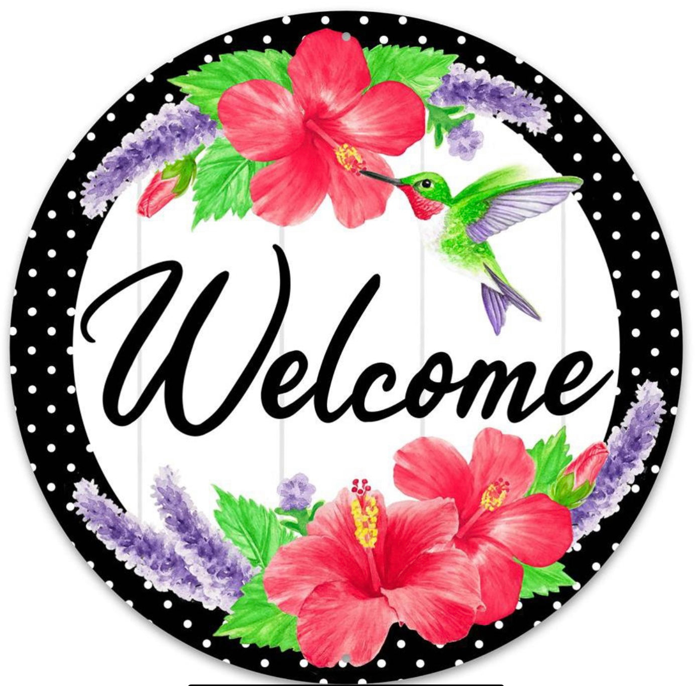 12” Round Metal Welcome Hummingbird Wreath Sign