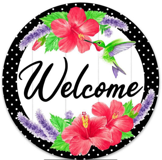 12” Round Metal Welcome Hummingbird Wreath Sign