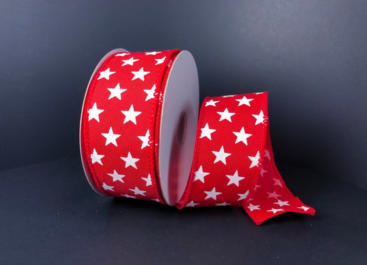 10 Yards - 1.5” Wired Red Background with White Stars Patriotic Ribbon