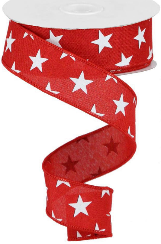 10 Yards - 1.5” Wired Red with White Stars Patriotic Ribbon