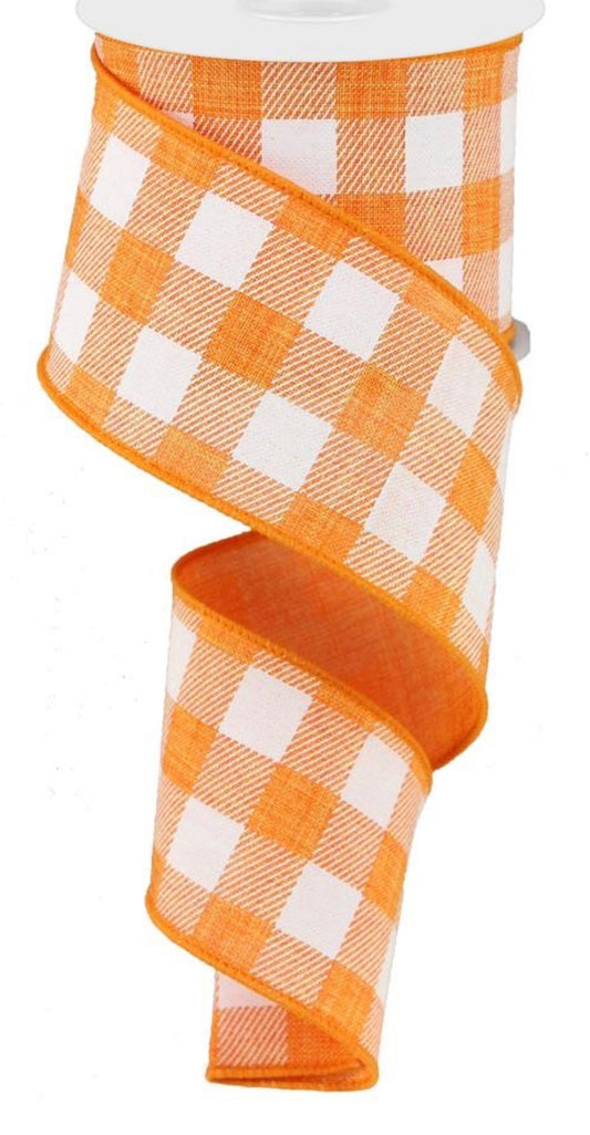 10 Yards - 2.5” Wired Orange and White Check Ribbon