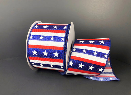 10 Yards - 2.5” Wired Patriotic Stars and Stripes Ribbon with Blue Glitter Accent