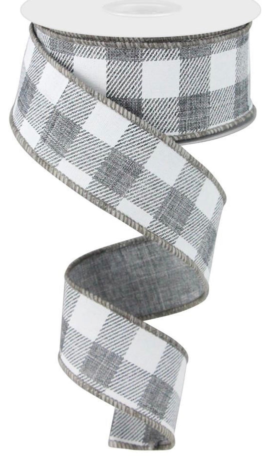 10 Yards - 1.5” Wired Gray and White Check Ribbon