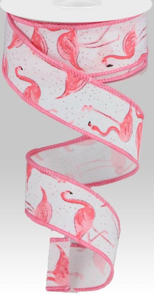 10 Yards - 1.5” Wired Flamingo Ribbon with Glitter Accent