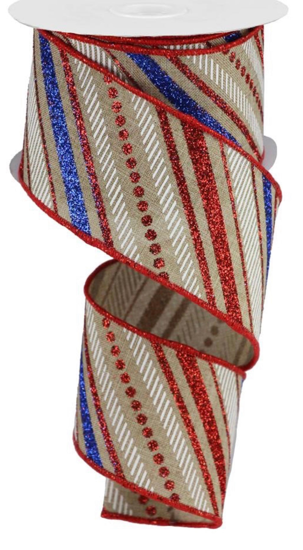 10 Yards - 2.5” Wired Natural Background Patriotic Candy Stripe Ribbon with Glitter Accent