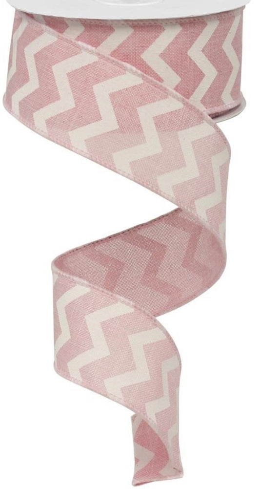 10 Yards - 1.5” Wired Light Pink and White Chevron Ribbon