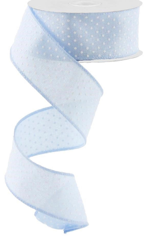 10 Yards - 1.5” Wired Baby Blue and White Swiss Dot Ribbon