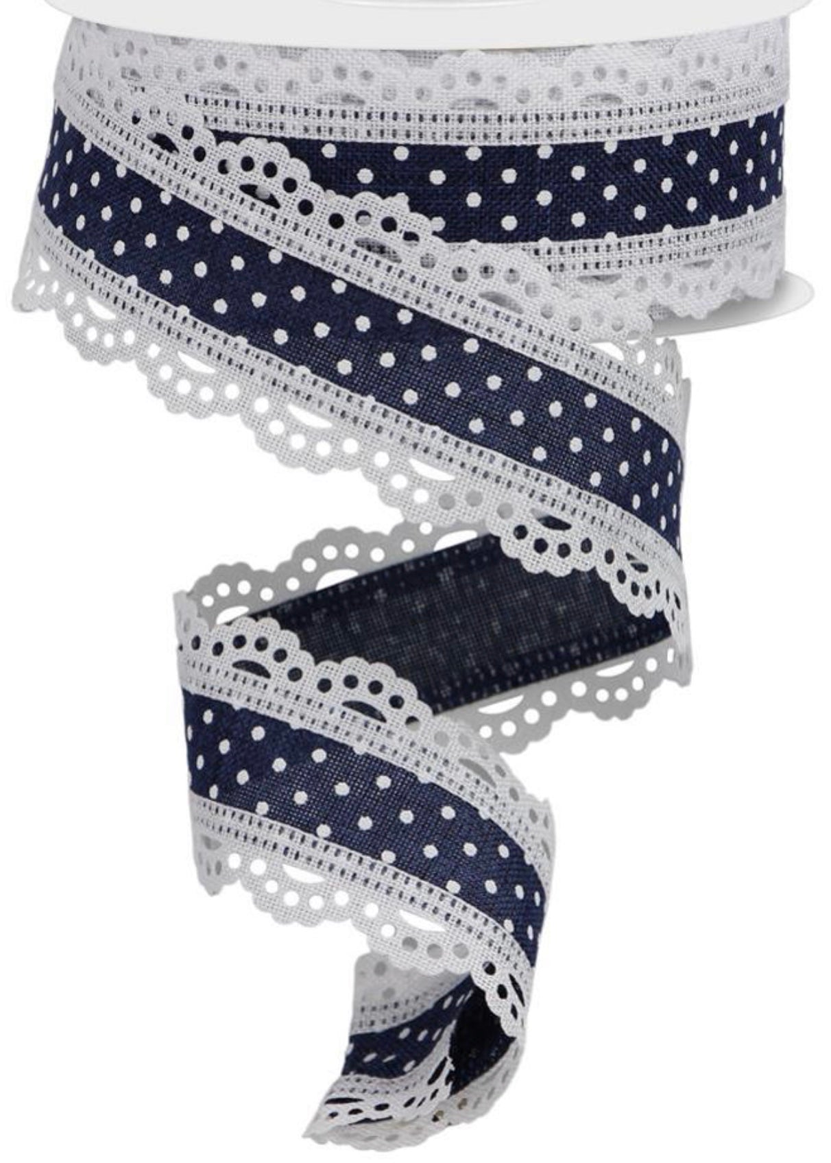 10 Yards - 1.5” Wired Navy Swiss Dot Ribbon with Lace Edge