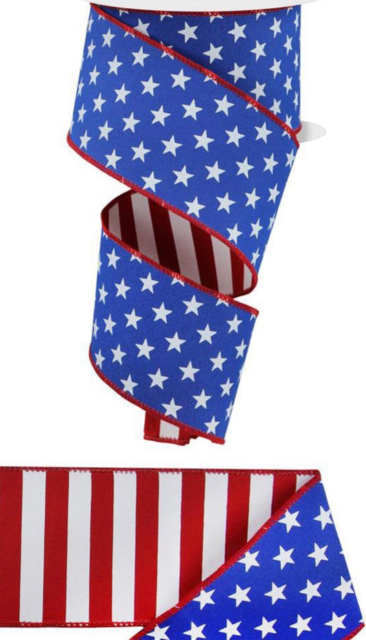 10 Yards - 2.5” Wired Double-Sided Stars and Stripes Patriotic Ribbon