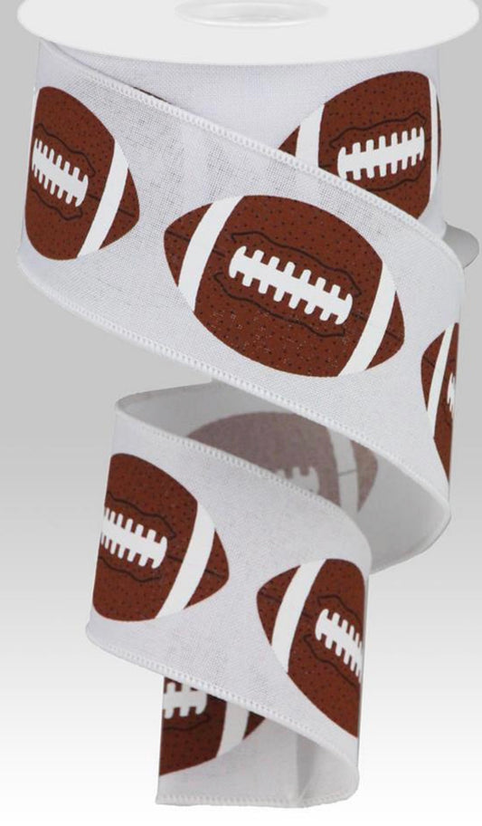 10 Yards - 2.5” Wired White Background Football Ribbon