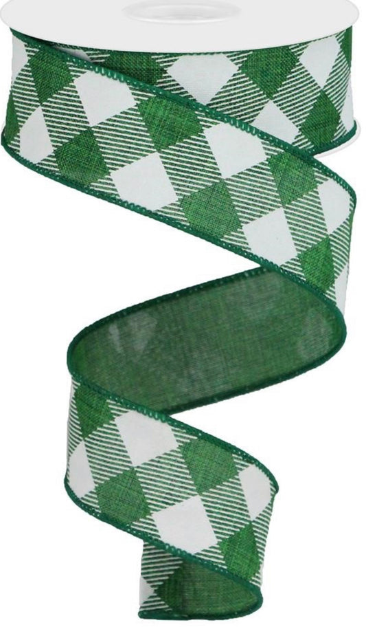 10 Yards - 1.5” Wired Emerald Green and White Cross Check Ribbon