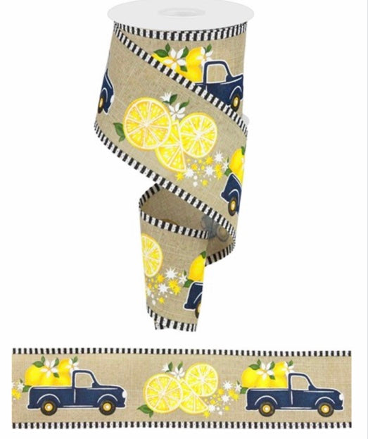 10 Yards - 2.5" Natural Ribbon with Blue Truck and Lemons