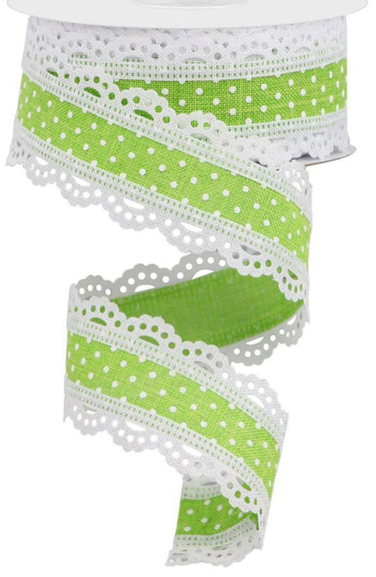 10 Yards - 1.5” Wired Lime Green and White Swiss Dot Ribbon with Lace Edge