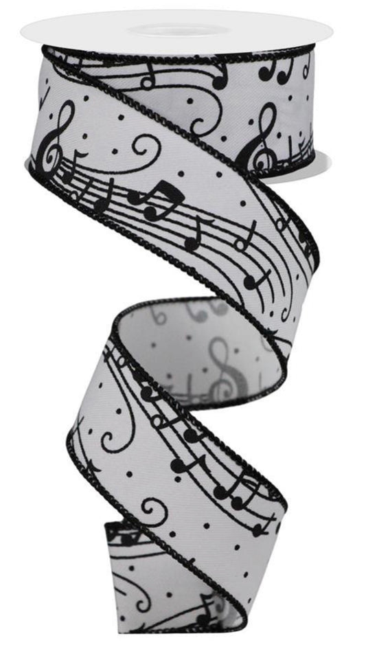 10 Yards - 1.5” Wired Black and White Music Note Ribbon