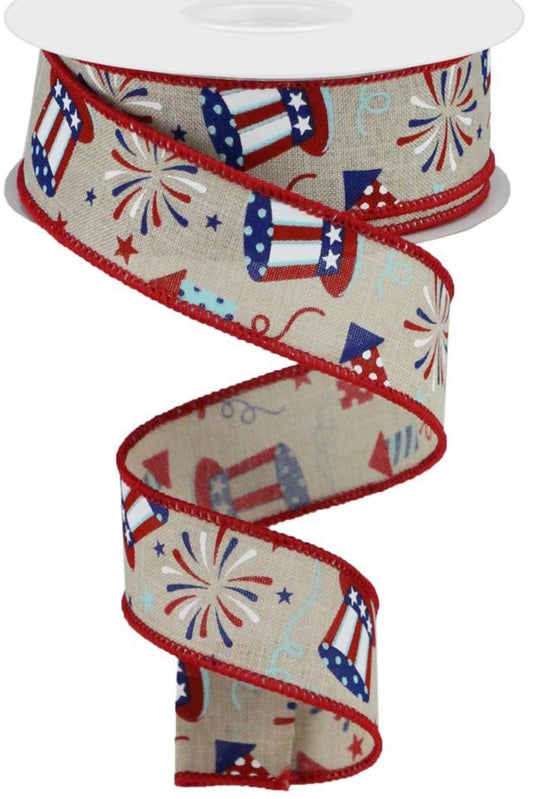 10 Yards - 1.5” Wired Natural Background Patriotic Uncle Sam Hat Ribbon