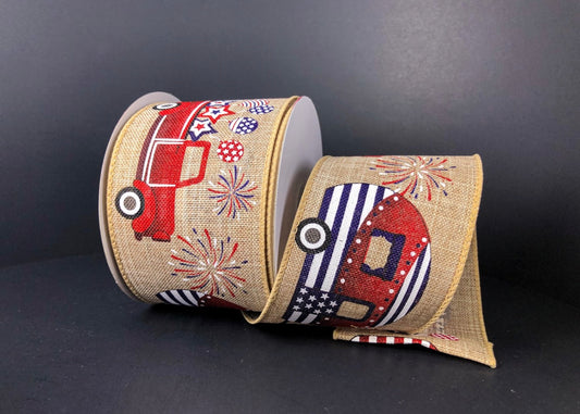 10 Yards - 2.5” Wired Patriotic Truck and Camper Ribbon