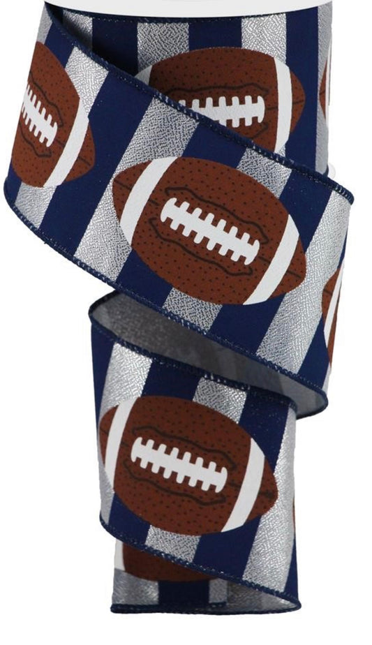 10 Yards - 2.5” Wired Navy and Metallic Silver Stripe Football Ribbon