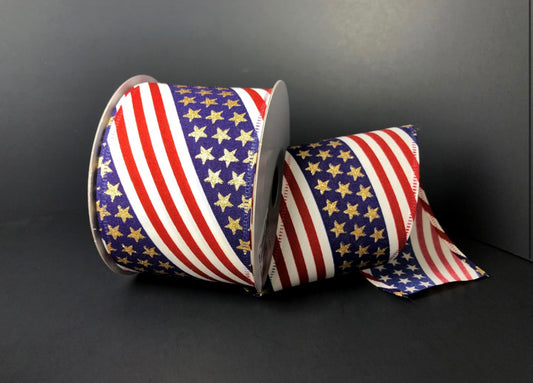 10 Yards - 2.5” Wired Patriotic Gold Stars and Stripes Ribbon