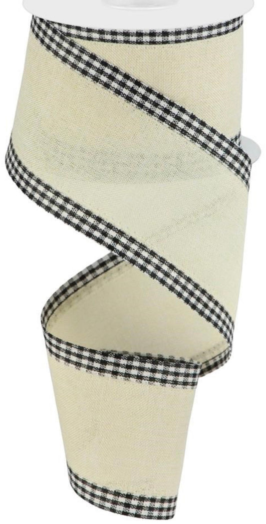 10 Yards - 2.5” Wired Cream Background Ribbon with Black and White Check Edge