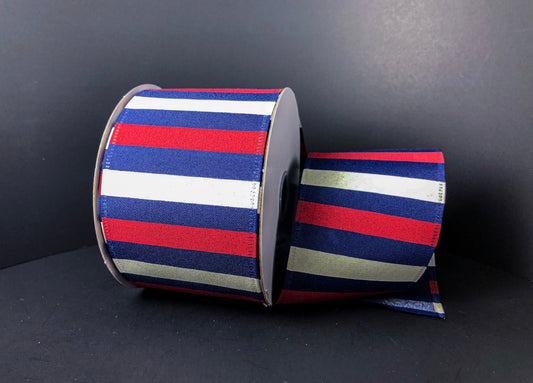 10 Yards - 2.5” Wired Navy Blue Patriotic Stripe Ribbon