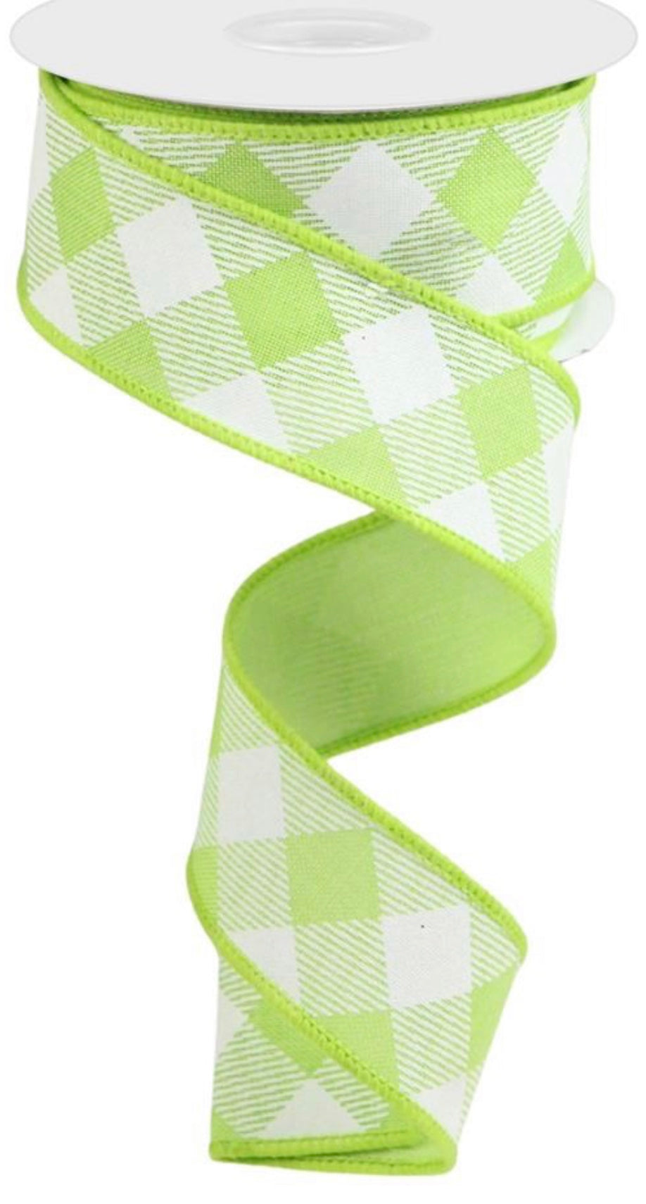 10 Yards - 1.5” Wired Lime Green and White Cross Check Ribbon