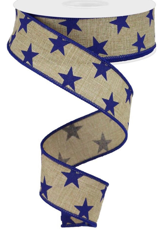 10 Yards - 1.5” Wired Natural Background with Blue Star Ribbon