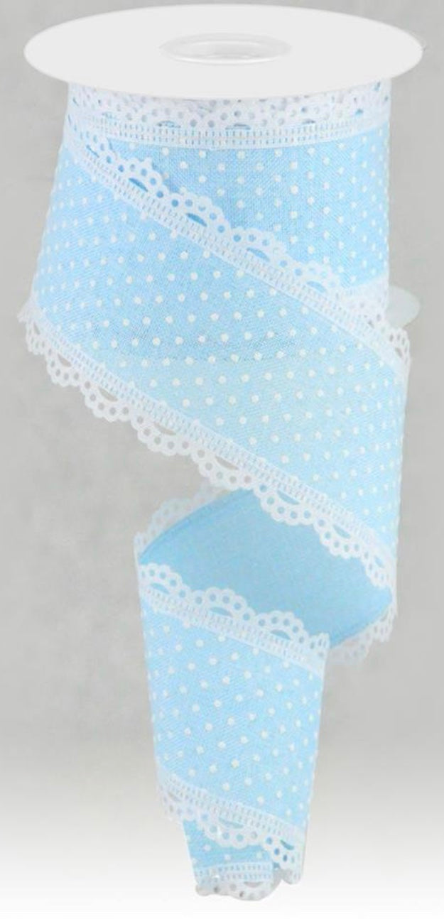 10 Yards - 2.5” Wired Baby Blue and White Swiss Dot Ribbon with White Lace Edge