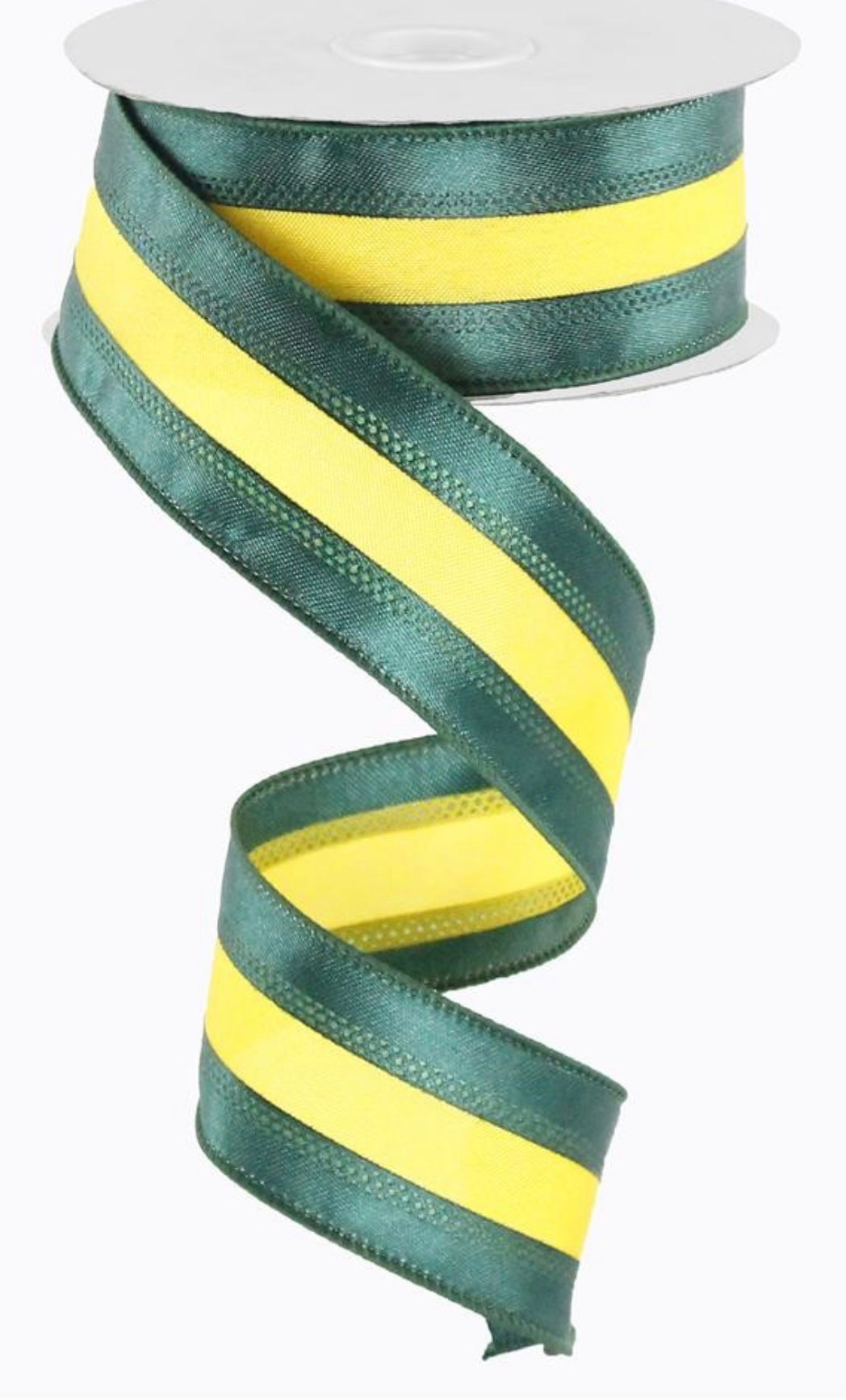 10 Yards - 1.5” Wired Green and Yellow Stripe Ribbon