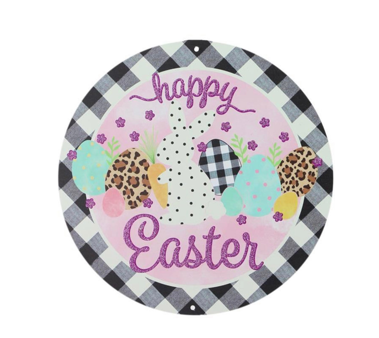 8” Round Metal Happy Easter Bunny Wreath Sign with Glitter