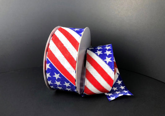 10 Yards - 1.5” Wired Stars and Stripes Patriotic Ribbon with Silver Glitter Accent