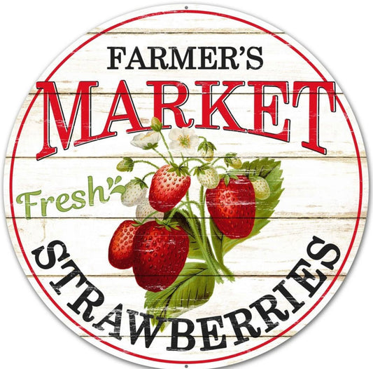 12” Round Metal Farmers Market Strawberry Wreath Sign