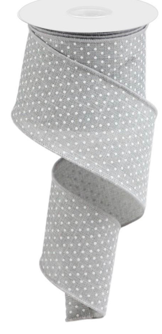 10 Yards - 2.5” Wired Gray and White Swiss Dot Ribbon