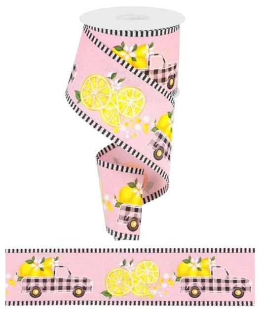 10 Yards - 2.5" Pink Ribbon with Gingham Truck and Lemons