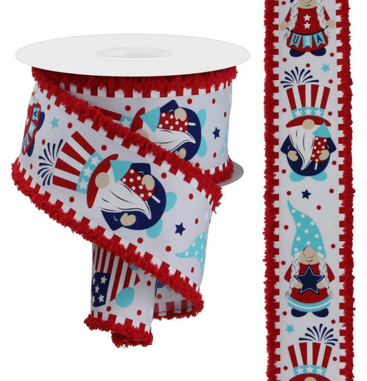 10 Yards - 2.5” Wired Patriotic Gnome Ribbon with Red Drift Edge