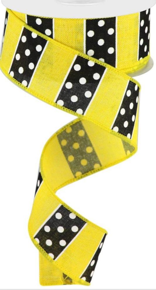 10 Yards - 1.5” Yellow, Black, and White Polka Dot Stripe Ribbon