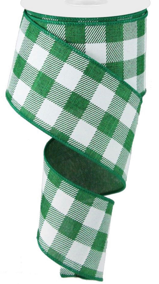 10 Yards - 2.5” Wired Emerald Green and White Check Ribbon