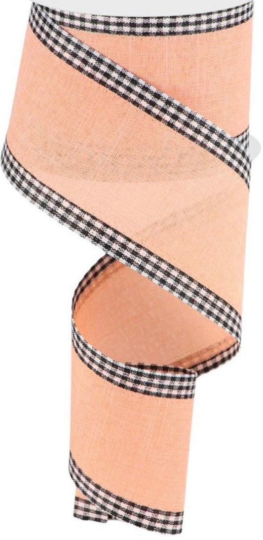 10 Yards - 2.5” Wired Peach Ribbon with Black and White Gingham Check Edge