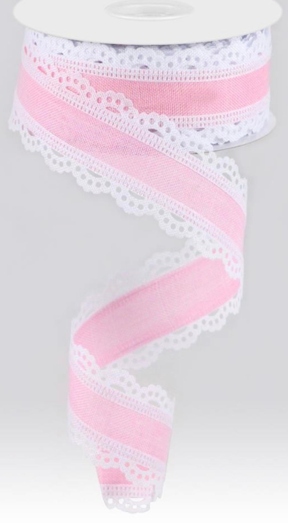 10 Yards - 1.5” Wired Light Pink Ribbon with White Lace Detail