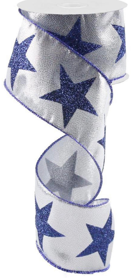 10 Yards - 2.5” Wired Silver Metallic Blue Glitter Star Ribbon