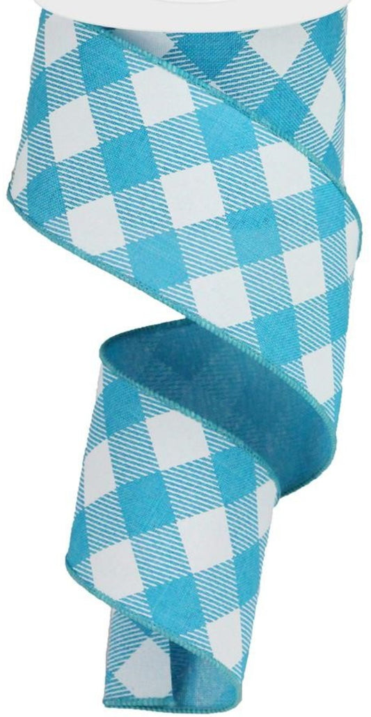 10 Yards - 2.5” Wired Turquoise and White Cross Check Ribbon