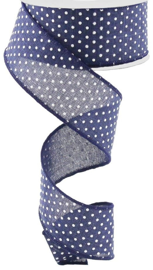 10 Yards - 1.5” Wired Navy Blue and White Swiss Dot Ribbon