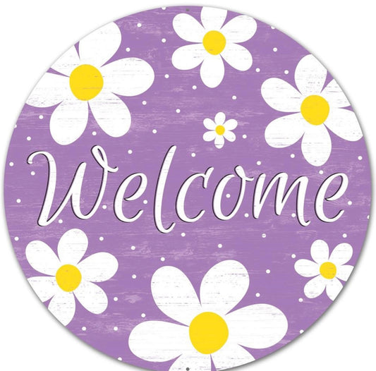 12” Round Metal Lavender Daisy Welcome Wreath Sign