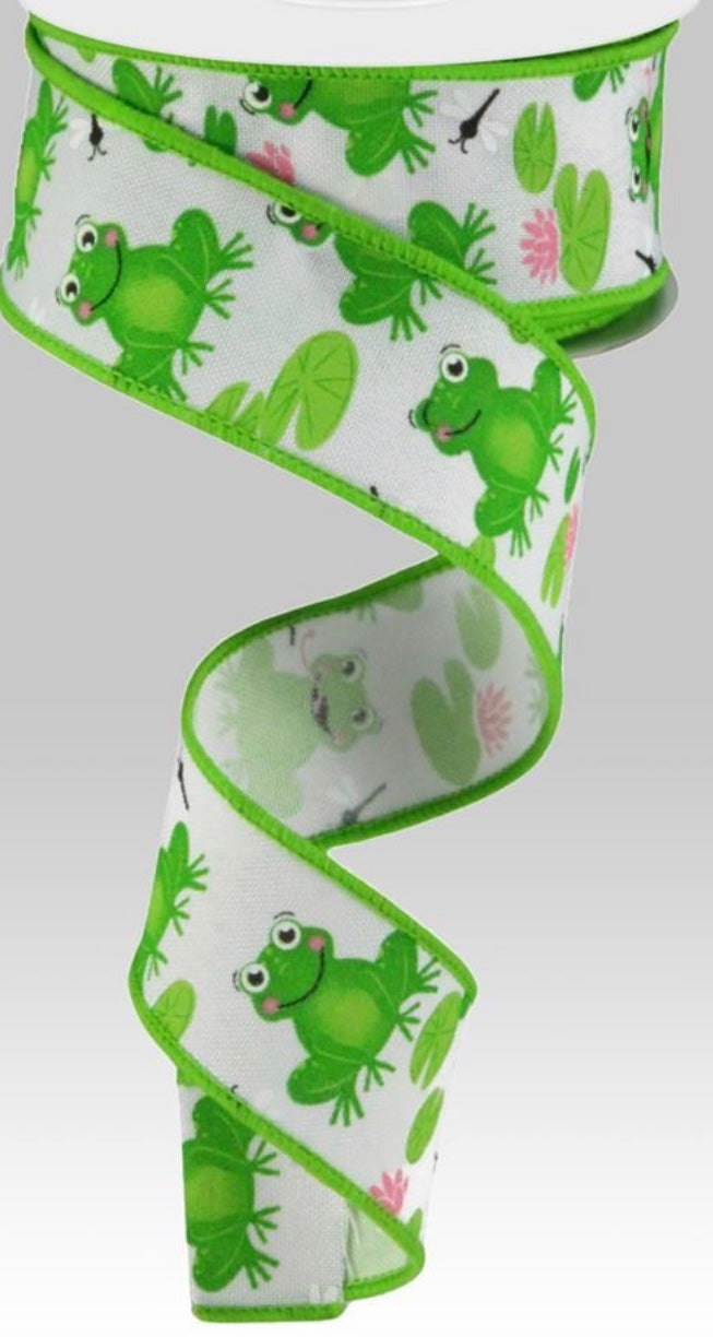 10 Yards - 1.5” Wired White Background Spring Frog Ribbon