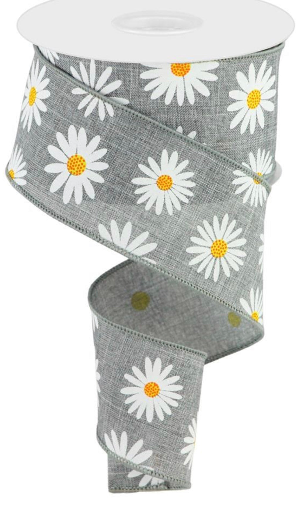 10 Yards - 2.5" Wired Gray Background Daisy Ribbon